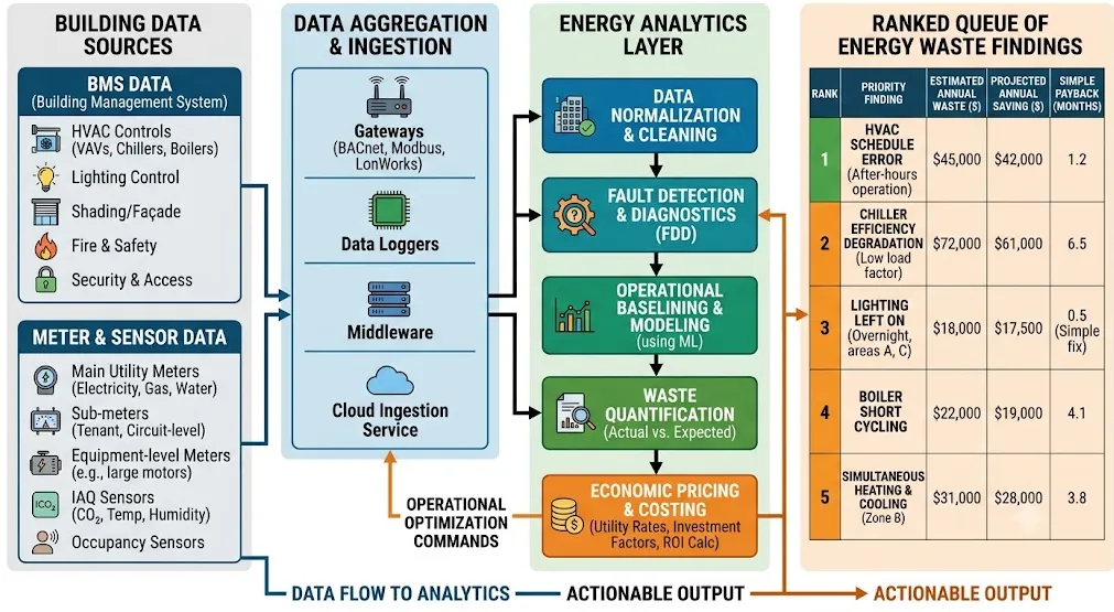 Diagram over en bygnings BMS- og målerdata som flyter inn i et analyselag som gir en rangert kø av prissatte funn av energisløsing